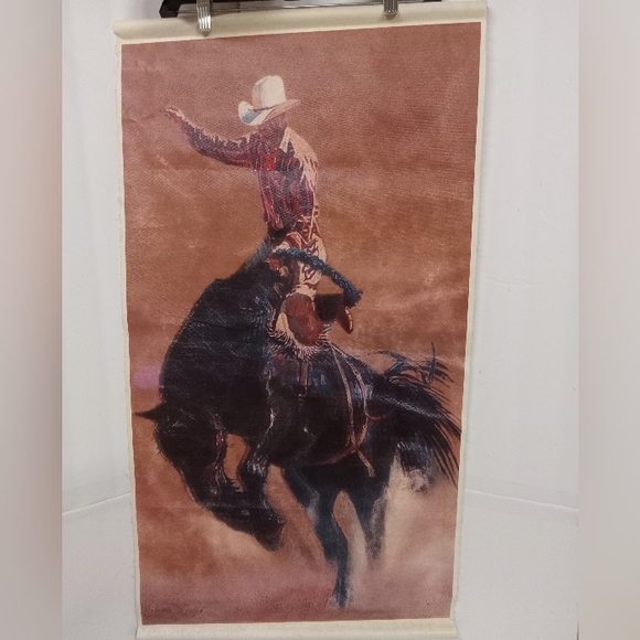 Vintage Wall Scroll Art on Canvas Cowboy on Bucking Horse 19X34" long - Picture 1 of 4